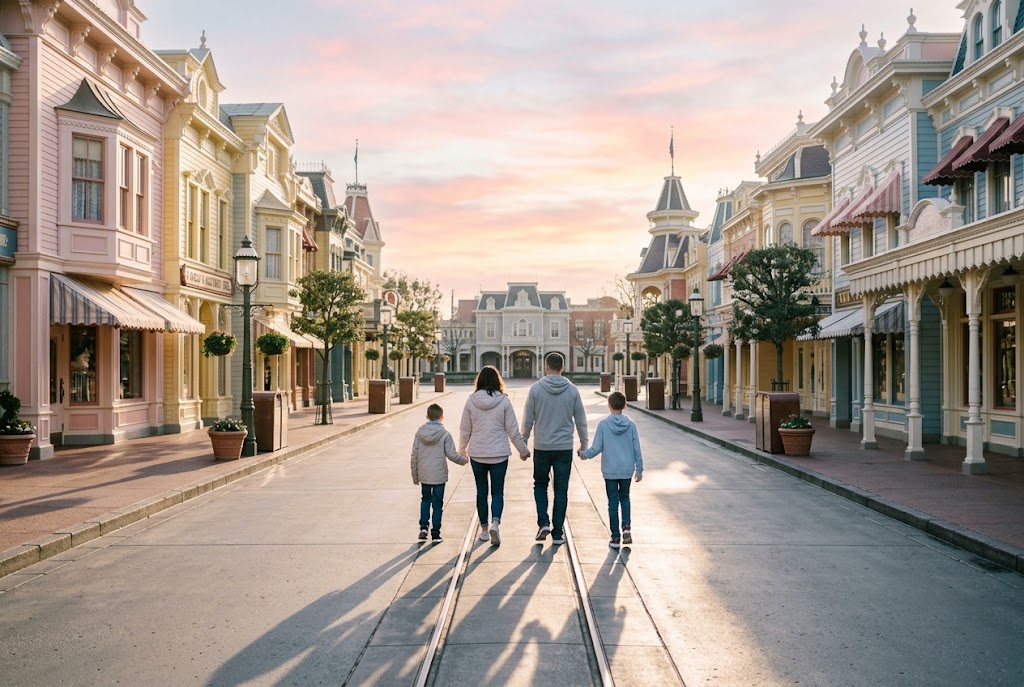 A family walking down a quiet theme-park street at sunrise
