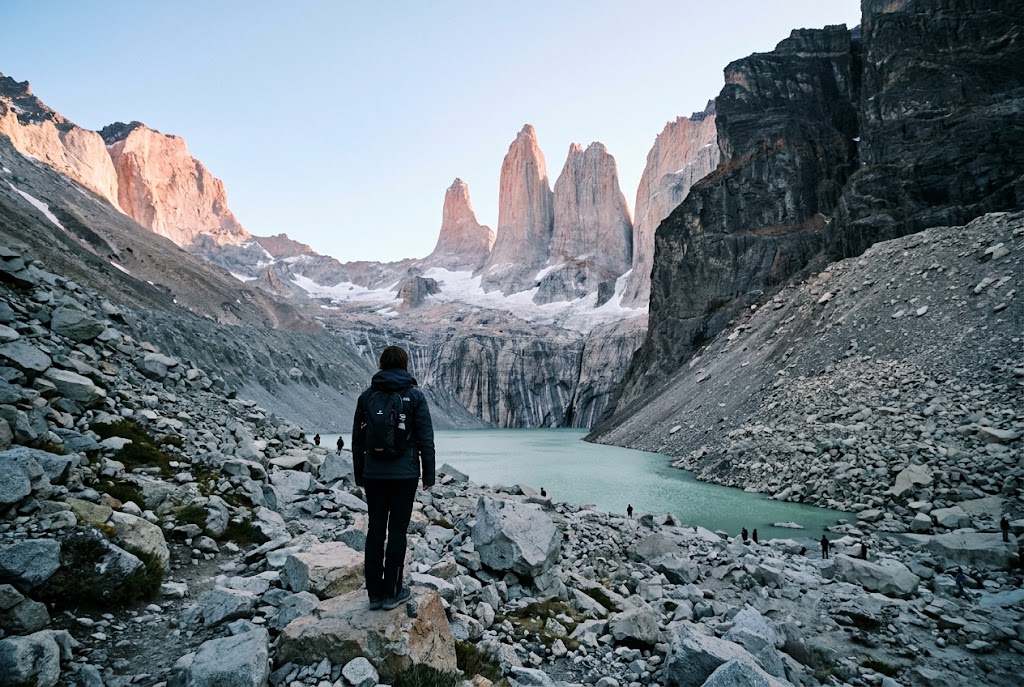 A hiker on the trail facing the granite towers of Torres del Paine in Chilean Patagonia