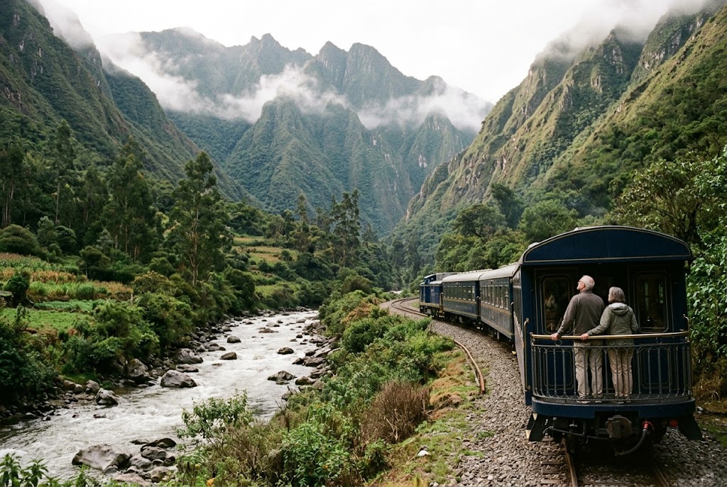 A luxury train with an open observation car winding through the Sacred Valley toward Machu Picchu, Peru