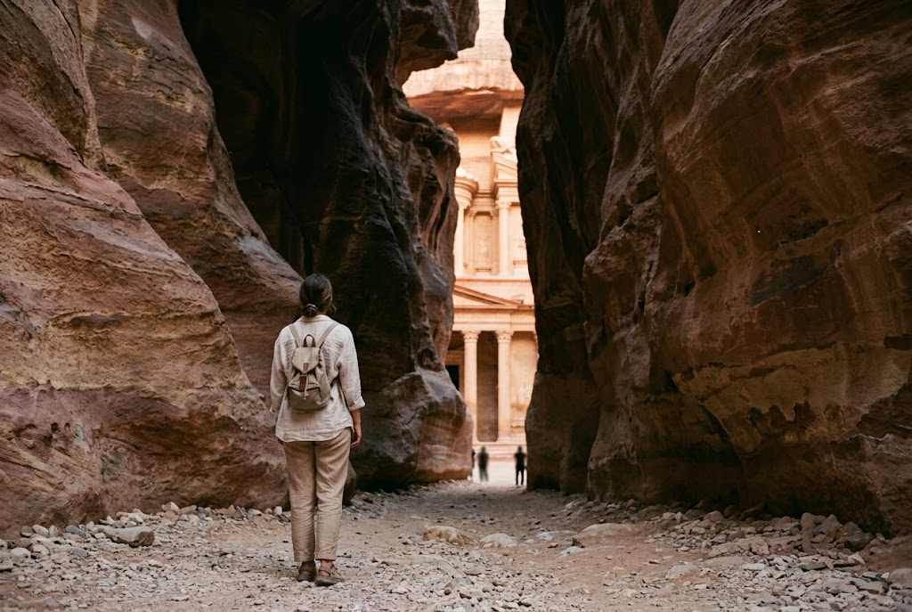 A traveler in the Siq looking at the Treasury in Petra, Jordan, one of the most memorable travel destinations