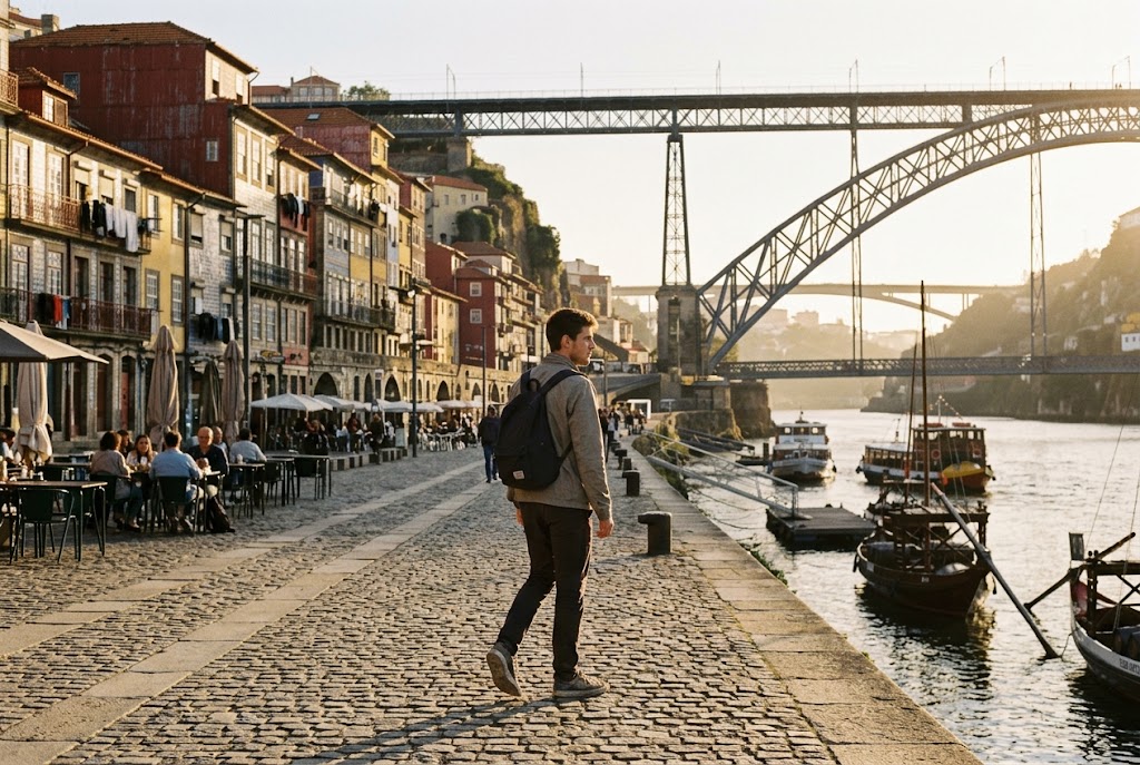 A solo traveler on the Ribeira riverfront in Porto, one of the best solo travel destinations for beginners