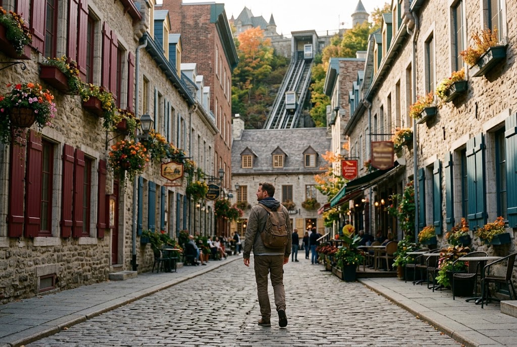 A traveler walking down the cobbled Petit-Champlain street in Old Quebec City, an easy travel destination with a high reward