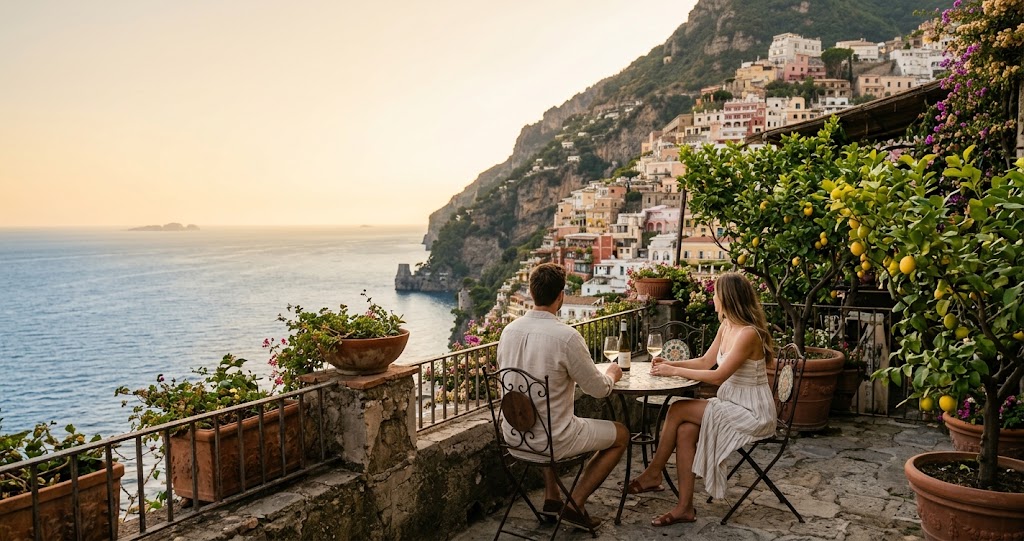 A couple sharing a glass of wine on a terrace above the Amalfi Coast at sunset