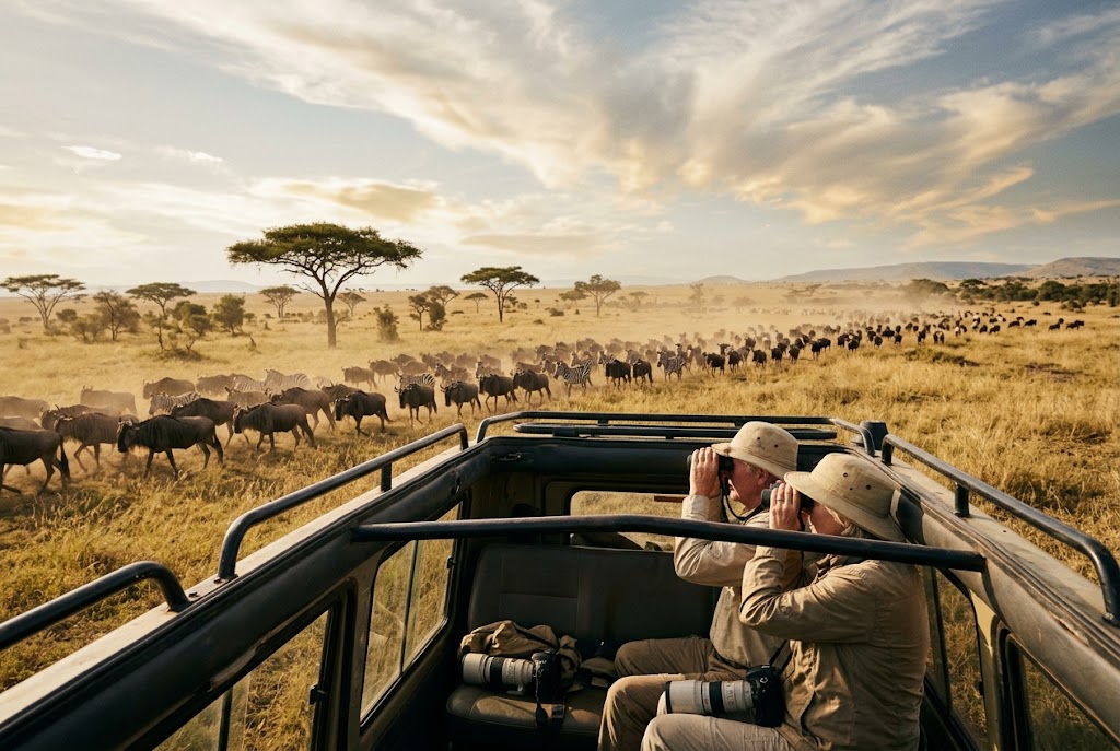 Travelers in a safari vehicle watching the wildebeest migration in the Serengeti, Tanzania