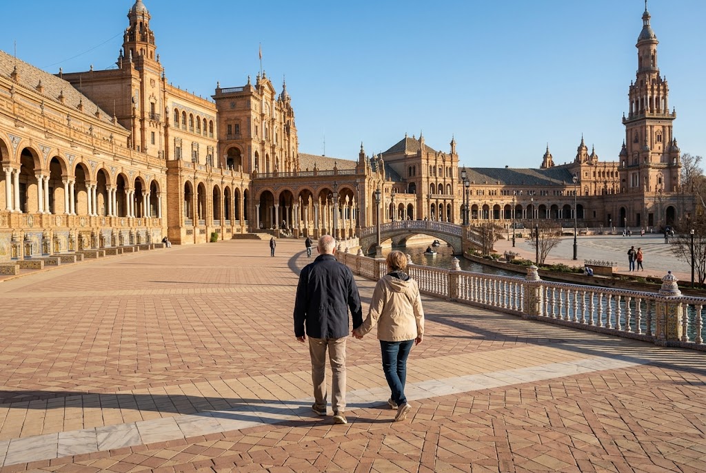 Travelers walking through the Plaza de España in Seville, Spain, on a sunny winter day