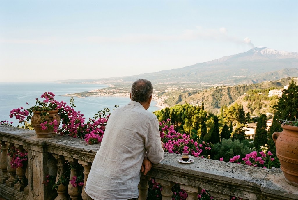 Travelers on a terrace in Taormina, Sicily, looking toward the sea and Mount Etna