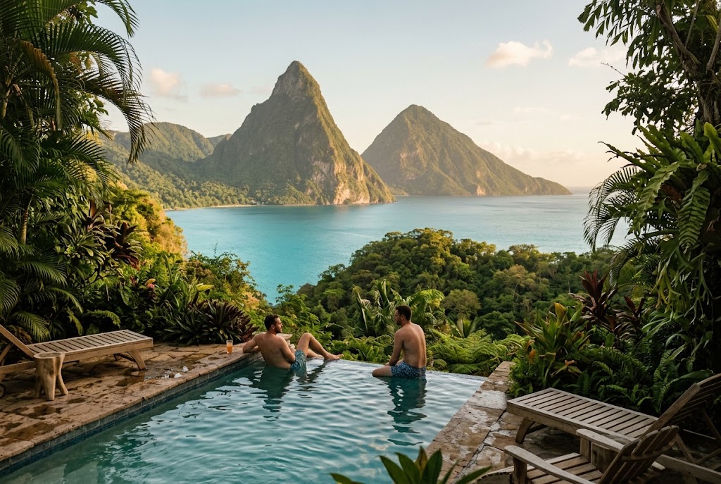 A couple on a hotel terrace looking out at the twin Pitons of St. Lucia