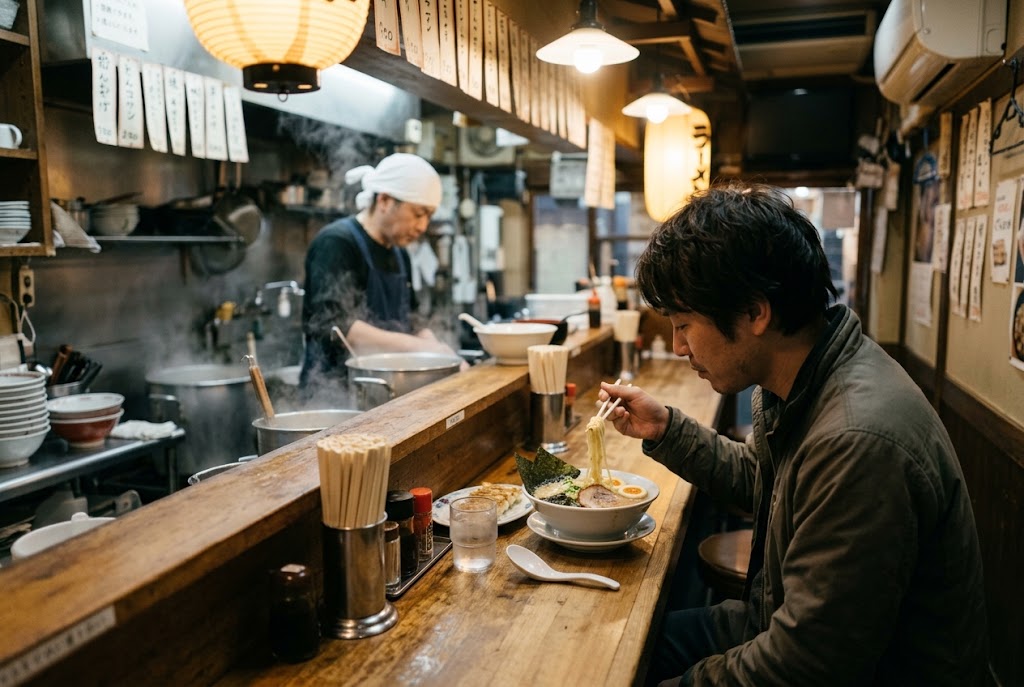 A solo traveler eating at a ramen counter in Tokyo, one of the best solo travel destinations for beginners