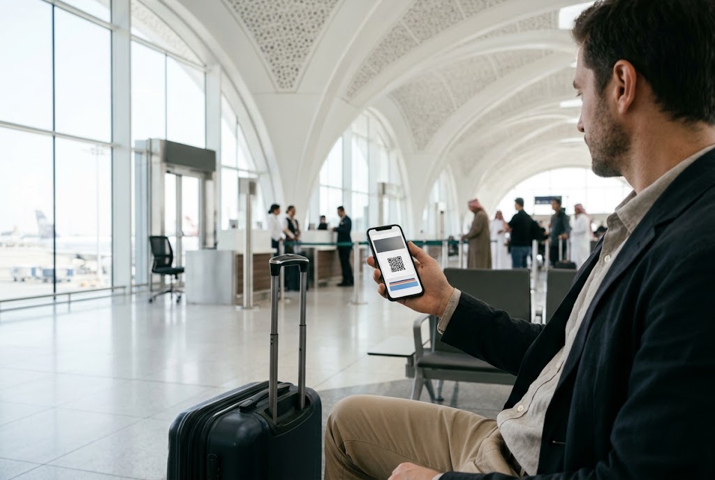 A traveler showing a mobile boarding pass from a travel app at a modern Saudi airport gate