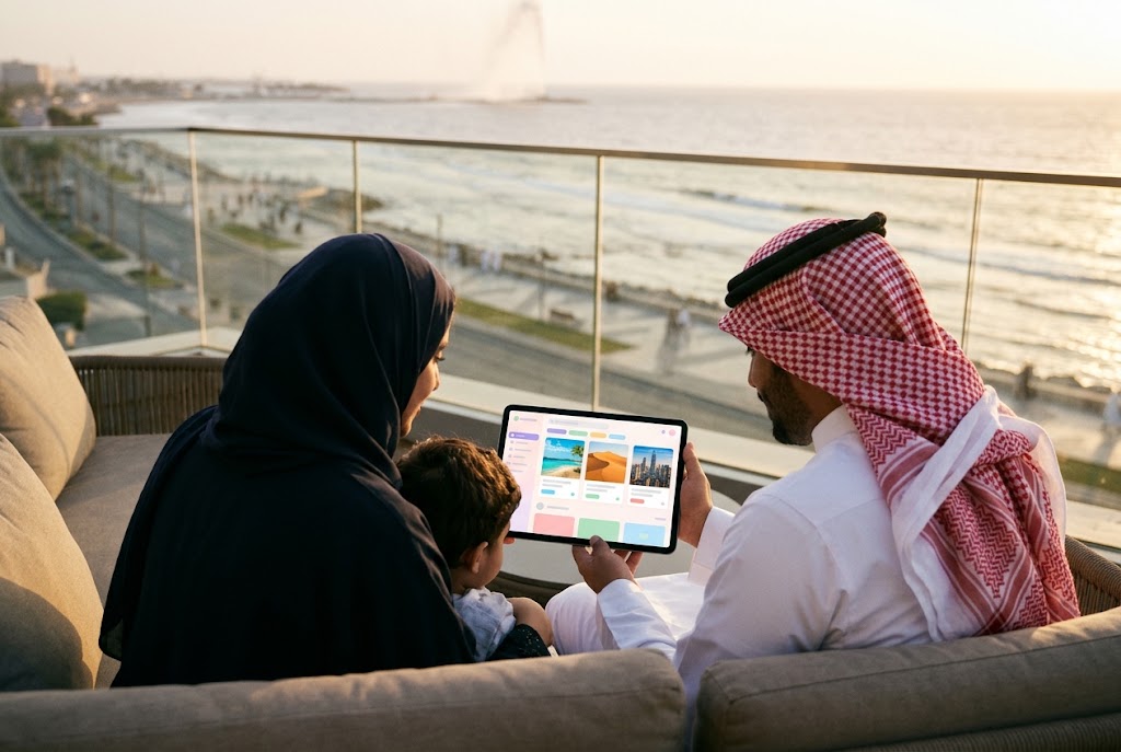 A family planning a trip on a tablet with travel apps in Saudi Arabia, on a terrace overlooking the Jeddah waterfront