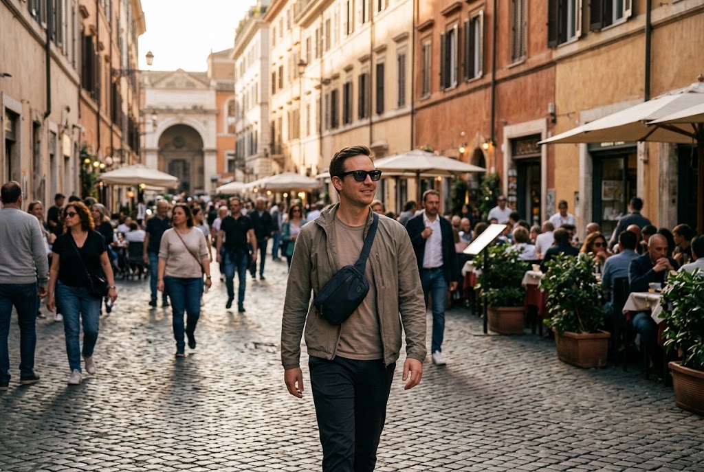 A traveler wearing camera glasses on a busy city street, hands free, with only a small sling bag